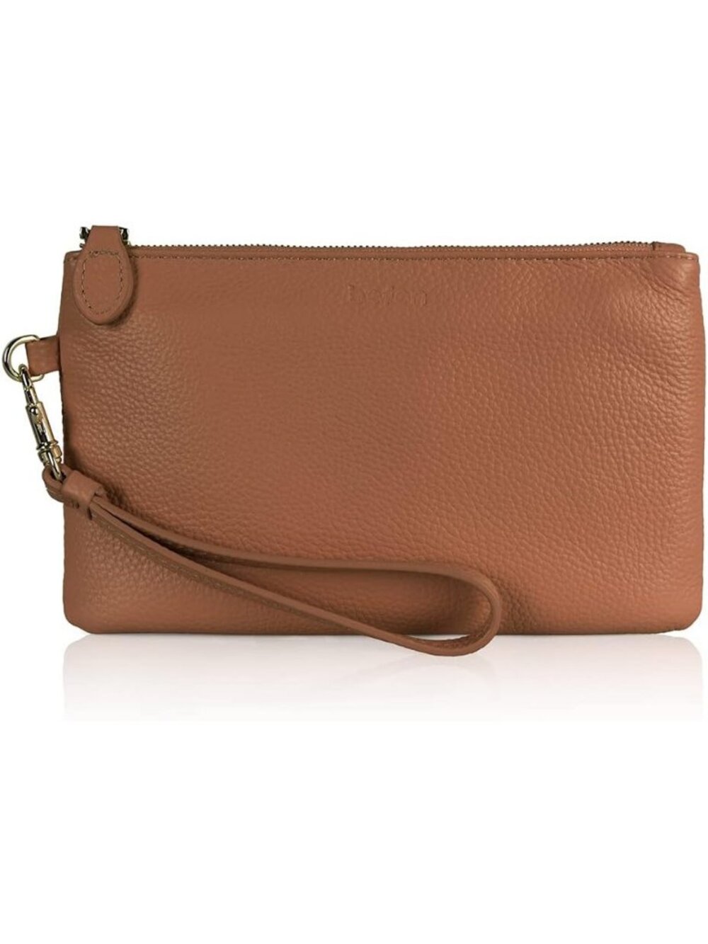 Women's Caramel Brown Leather Wristlet Clutch Wallet Purse RFID Gold Zipper Bags